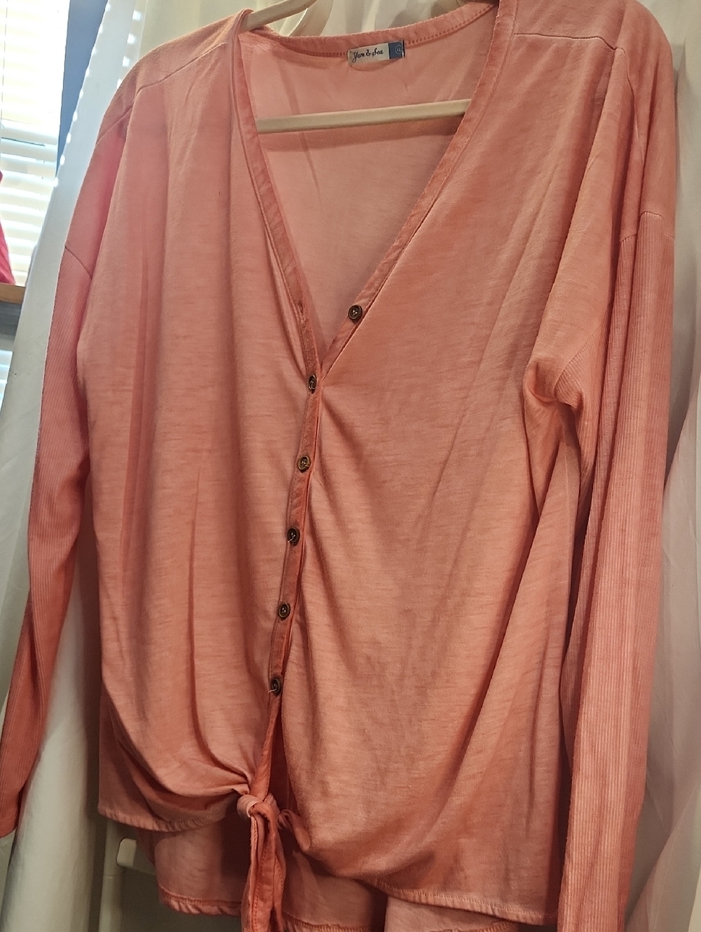 YARN & SEA Coral Button-Front Tie-Hem Long Sleeve Top